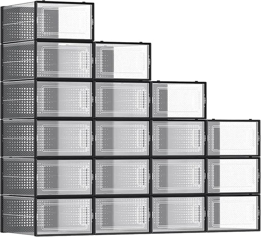 SONGMICS Shoe Boxes, Pack of 18 Shoe Storage Organizers, Stackable Clear Plastic Boxes for Closet, Sneakers, 13.1 x 9.1 x 5.6 Inches, Transparent and Black ULSP18SBKV1