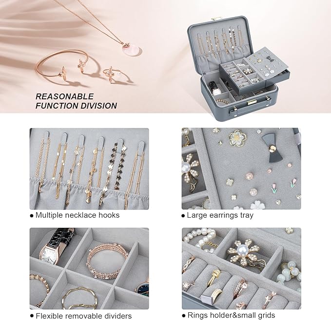 Travel Jewelry Case Large, Jewelry Box Large Jewelry Travel Organizer Jewelry Case with Handle, Best Gift for Women Girls, Grey