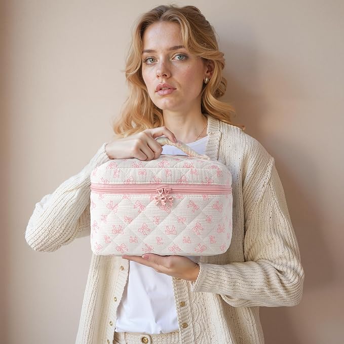 HBselect Quilted Makeup Bag, 3PCS Cotton Large Travel Makeup Bag, Cute Floral Coquette Make up Bag Cosmetic Bag Toiletry Bag for Women Girls