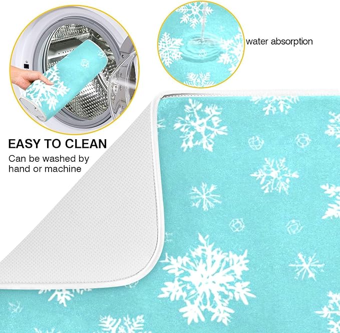 Winter Snowflake Turquoise Dish Drying Mat for Kitchen Countertop 18x24 Christmas Snow Aqua Xmas Large Drying Mat Reusable Quick Dry Dish Sink Mats Easy Clean Decorative Essentials