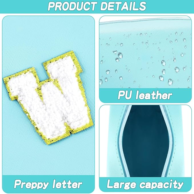 Gifts for Girls Initial Makeup Bag Personalized Cosmetic Bag with Zipper Cute Travel Toiletry Bag Waterproof PU Preppy Makeup Pouch Birthday Gift for Teen Girls Women(Blue W)