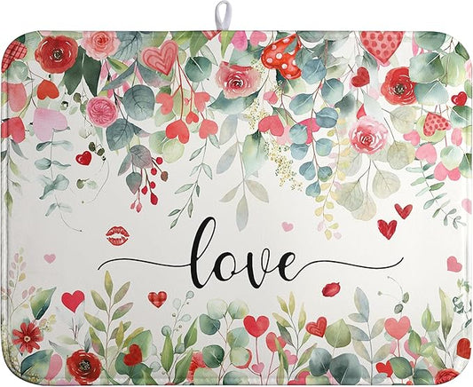 Valentines Day Love Heart Rose Eucalyptus Leaves Dish Drying Mat for Kitchen Counter 18x24 Inch Spring Valentine Microfiber Absorbent Dish Drainer Mats Reversible Drying Pad