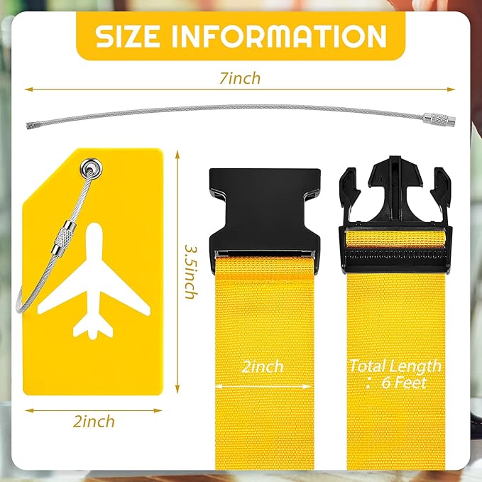 Weewooday 8 Pcs Luggage Straps Suitcase Tags Set for TSA Approved, 4 Travel Adjustable Suitcase Belt, 4 Silicone Luggage Tags with Name ID Card Travel Accessories(Yellow,Airplane)