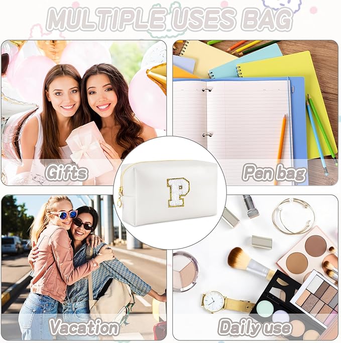 Gifts for Girls Initial Makeup Bag Personalized Cosmetic Bag with Zipper Cute Travel Toiletry Bags Waterproof PU Preppy Makeup Pouch Birthday Gift for Teen Girls Women(White P)