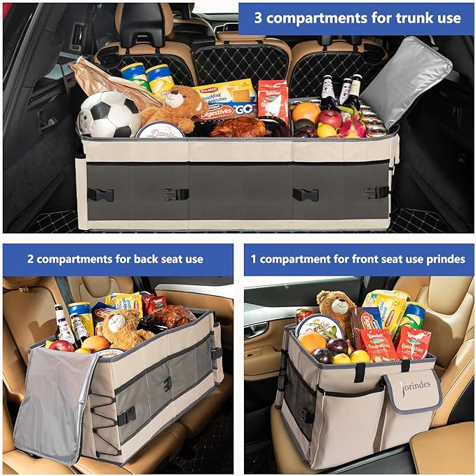 Trunk Organizer with Built-in Insulated Leak-Proof Cooler Bag, Collapsible Cargo Organizer for SUV with Non-Slip Bottom Strips, 3 Large Compartments Foldable Waterproof Portable Car Storage Box