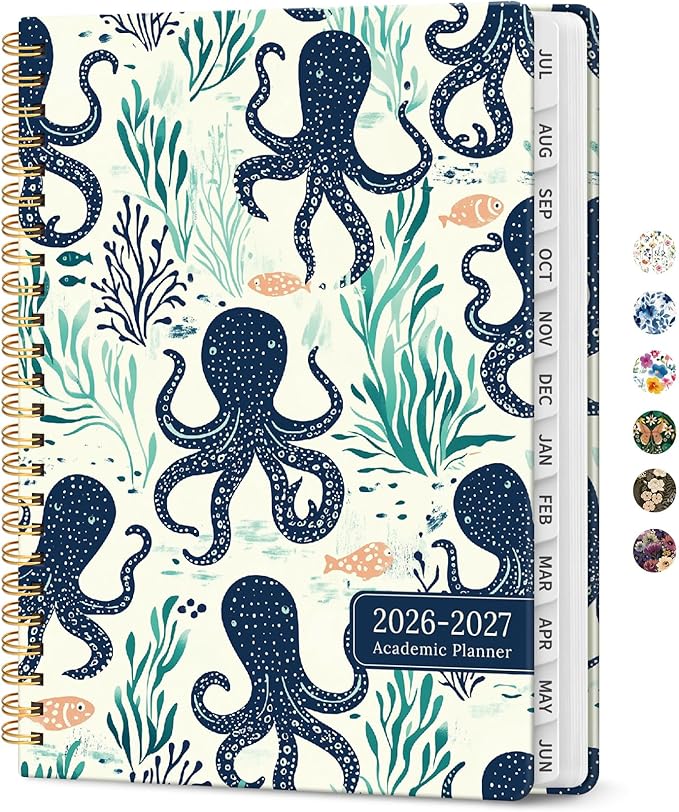 Planner 2026-2027, Academic Year Monthly and Weekly Calendar Planner, Jul 2026 - Jun 2027, Hardcover Teacher Student Planning Agenda book with Tabs, Perfect for School Office Supplies, 6.3" x 8.5" - Octopus Drift