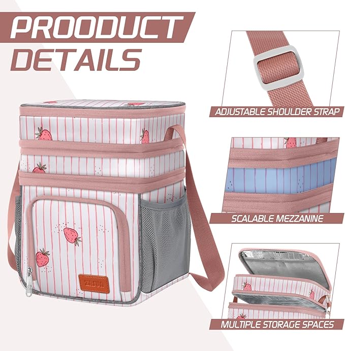Insulated Lunch Bag for Women Men, Reusable 3-Layer Lunch Box for Women, Expandable Reusable Water-Resistant Lunch Box for Work, Travel, Office, Picnic, Hiking (Pink)