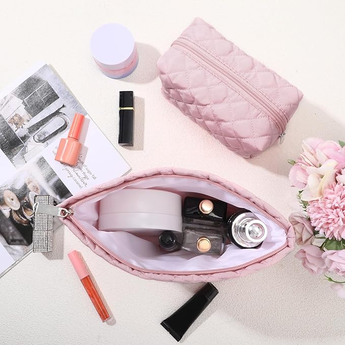 2 Pcs Pencil Case Quilted Makeup Bag Aesthetic Cosmetic Pouch for Women Puffer Travel Toiletry Bag Set Cotton Small Purse Pouch Makeup Organizer with Zipper(Pink)