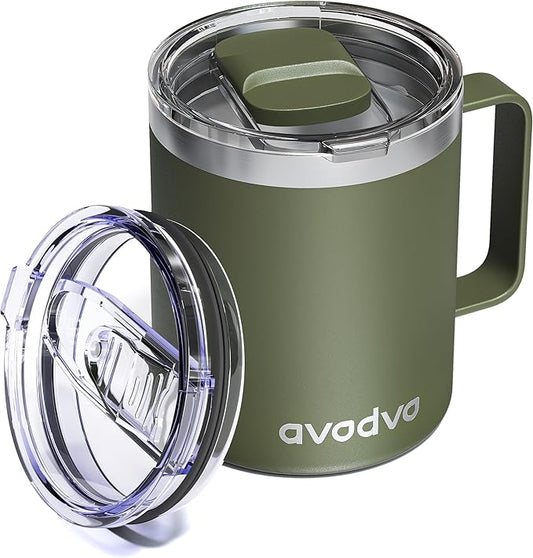 12oz Insulated Coffee Mug with Lid – Includes Two Lids, Stainless Steel Coffee Travel Mug with Handle, Double Wall Vacuum Insulated Camping Mug for Home, Office & Outdoor, Army Green