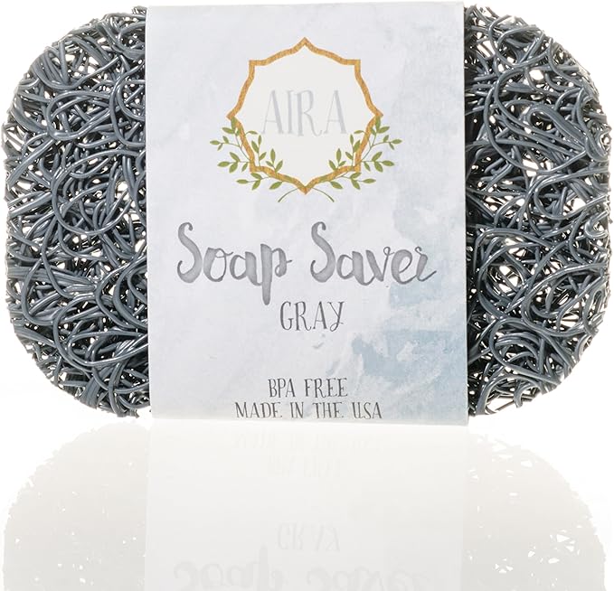 Aira Soap Saver - Soap Dish & Soap Holder Accessory - BPA Free Shower & Bath Cleanser Holder - USA Made - Drains Water, Circulates Air, Extends Life - Easy to Clean, Fits All Dish Sets - Gray
