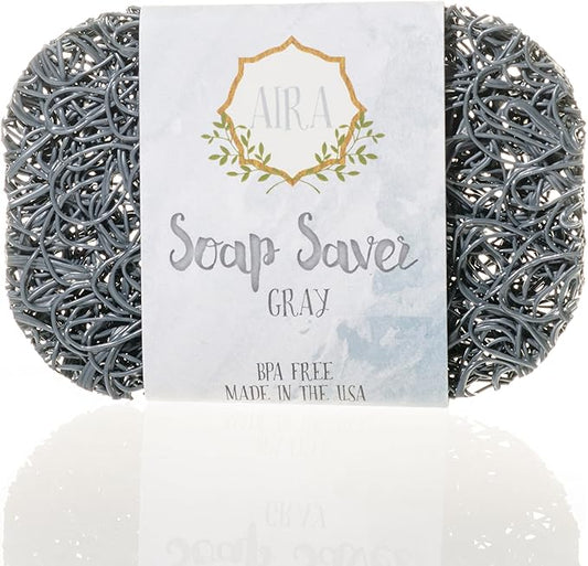 Aira Soap Saver - Soap Dish & Soap Holder Accessory - BPA Free Shower & Bath Cleanser Holder - USA Made - Drains Water, Circulates Air, Extends Life - Easy to Clean, Fits All Dish Sets - Gray