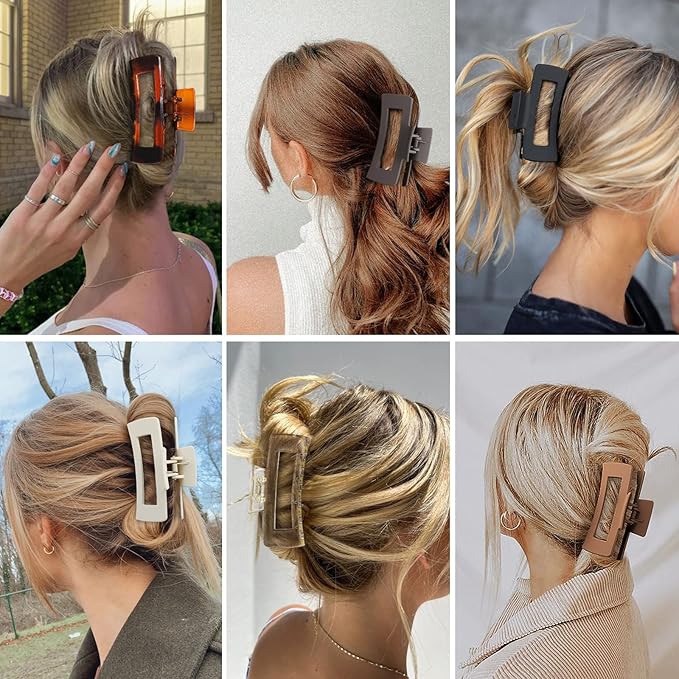 4 Inch Big Hair Claw Clips 6 Pcs Large Claw for Thick Hair Square Hair Clips for Women Rectangle Hair Clips Nonslip Acrylic Banana Jaw Clips Hair Accessories for Girls (Amber)