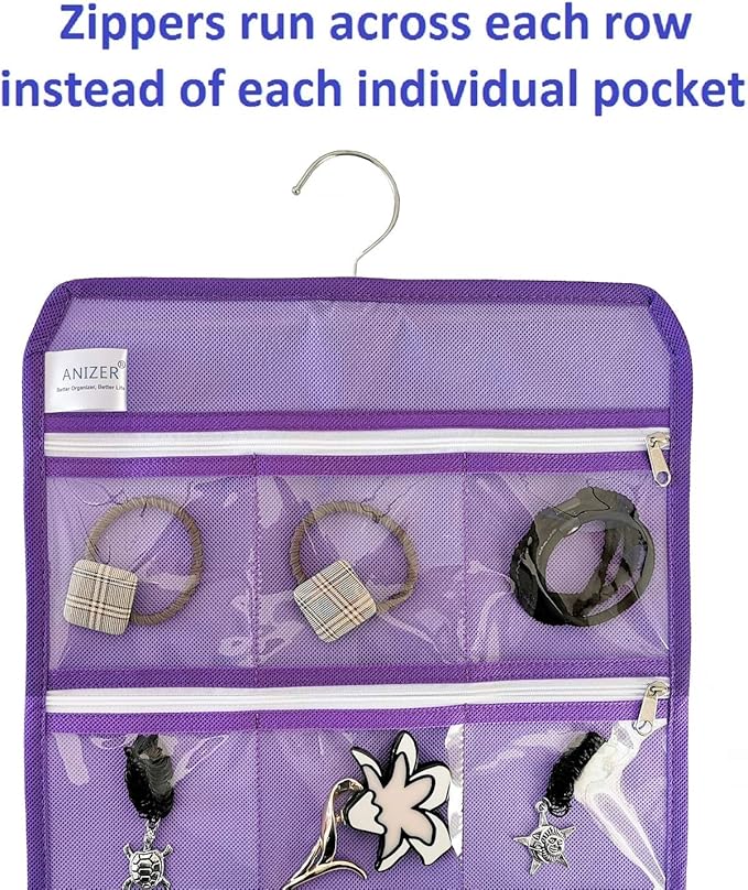 Travel Foldable Jewelry Rolls Bag Hanging Jewelry Organizer with 9 Zippered Clear Pockets Storage Pouch with Rotatable Hanger (PURPLE)
