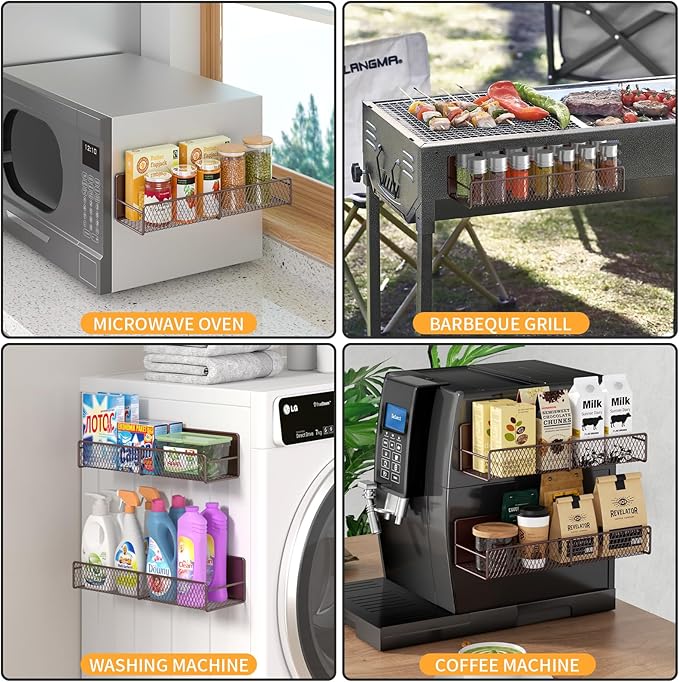 Magnetic Spice Rack for Refrigerator, 4 Pack 100% Metal Strong Magnet Fridge Shelves, Space Saving Spice Organizer, No Drilling Moveable Home Kitchen Laundry Room Storage Organization, Brown