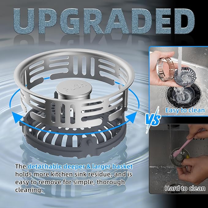 Hibbent Upgraded 3 in 1 Kitchen Sink Drain Strainer, Stainless Steel Pop Up Sink Stopper, Larger Anti-Clogging Basket, 3-Layer Seal, Detachable Drain Plug for US Standard 3-1/2" Drain, Matte Black