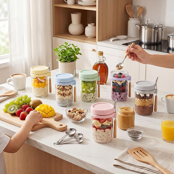 HomArtist 16oz Overnight Oats Containers with Lids and Spoons, 4 Pack Wide Mouth Mason Jars with Airtight Lids, Overnight Oats Jars for Salad, Chia Seed, Cereal, Yogurt