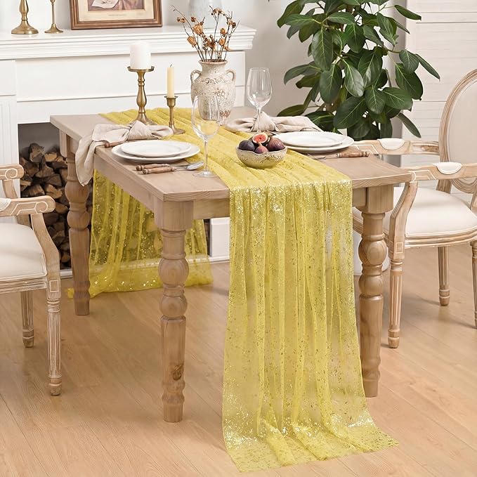 Horaldaily Yellow Gauze Tablecloth 60x104 Inch Rectangular, Golden Sequin Glitter Metallic Foil, Sheer Tulle Cheesecloth for Wedding Baby Shower Ceremony Birthday
