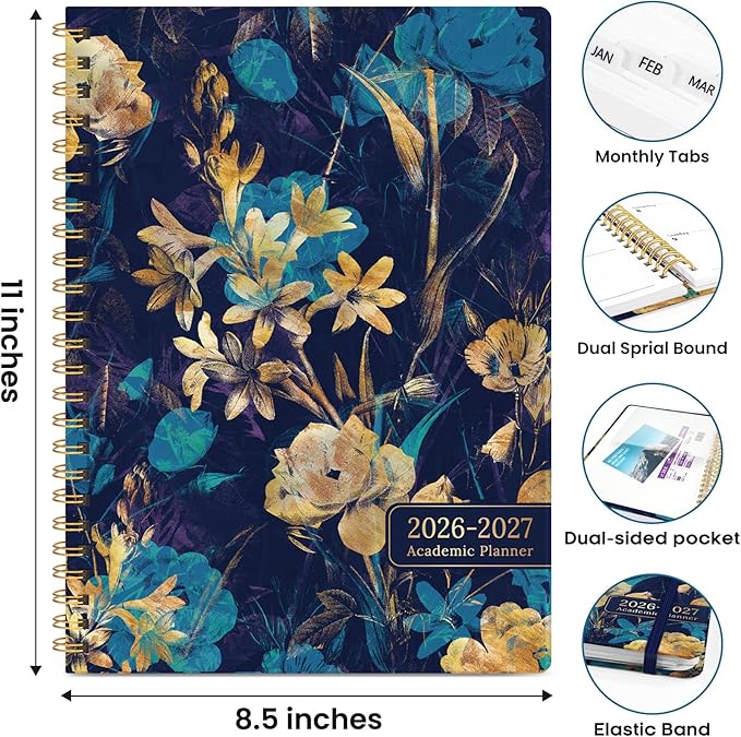 Academic Planner 2026-2027, Weekly and Monthly Calendar Book, July 2026 – June 2027, Hardcover Planner with Tabs, Perfect for Teachers, Students, Women & Men, A4 (8.5" x 11") - Turquoise Flowers