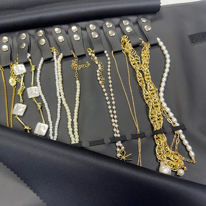 UnionPlus Travel Jewelry Roll, Faux Leather Necklaces Organizer Bag, Elastic Band and Anti-winding, Black