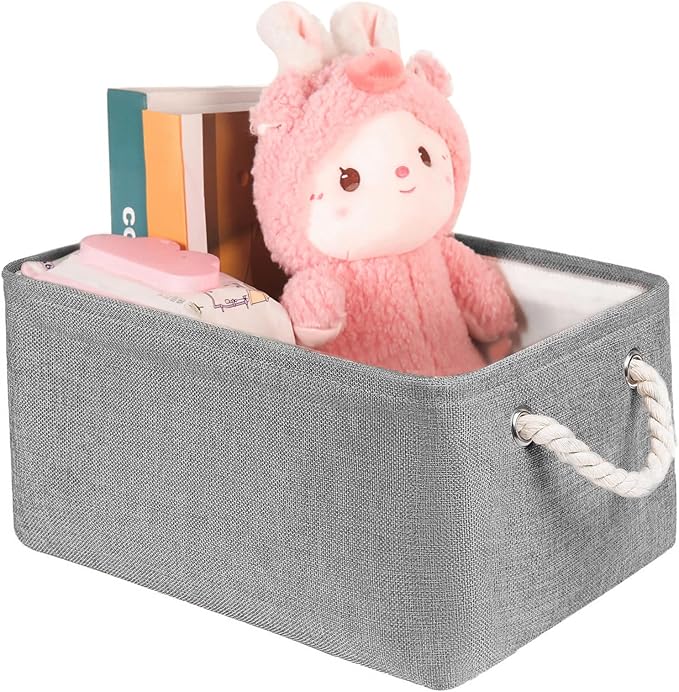 Storage Bins with Sturdy Cotton Handles(1 Pack), Fabric Storage Baskets for Organizing use for Office & Home, Book, Clothes, Toys, Closet Boxes (Small, Grey, 12.2x8.3x6.3 inches)