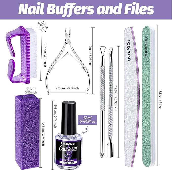 FANDAMEI Nail Files and Buffers, Nail Cuticle Remover Kit with Nail File, Nail Buffer, Nail Buffer Block, Cuticle Nipper, Cuticle Pusher, Cuticle Peeler. Nail Cuticle Oil Lavender for Nail Care