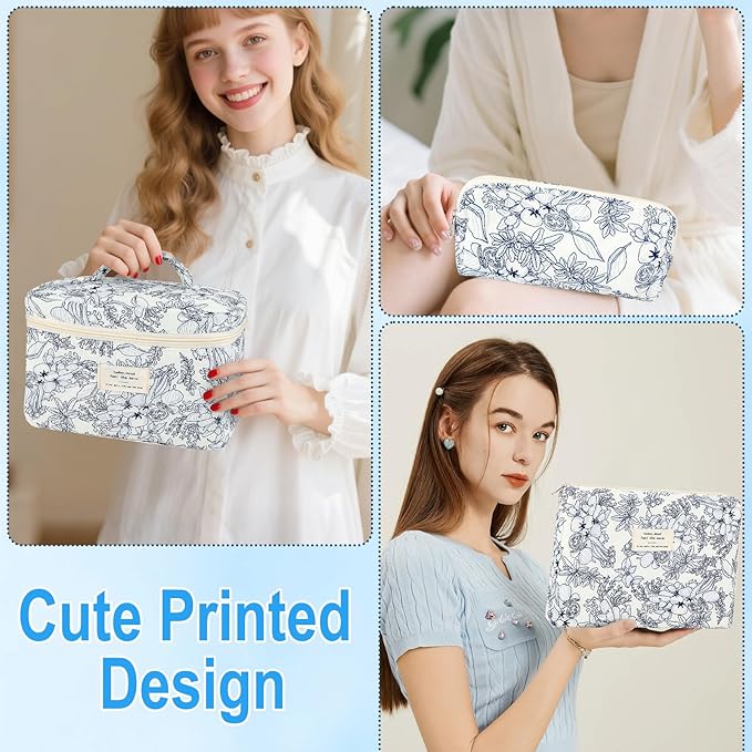 3Pcs Cotton Quilted Makeup Bag for Women Girls Large Small Travel Black Floral Cosmetic Bags Set Cute Coquette Makeup Pouch for Purse Aesthetic Cloth Flower Storage Toiletry Bag Organizer