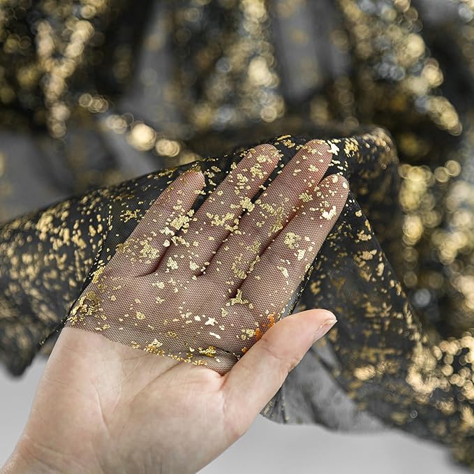 Horaldaily Black Gold Gauze Tablecloth 60x120 Inch Rectangular, Golden Sequin Glitter Metallic Foil, Sheer Tulle Cheesecloth for Wedding Baby Shower Ceremony Birthday