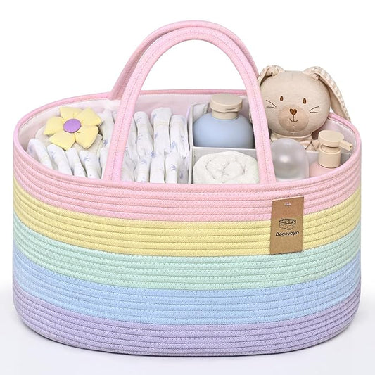 Baby Diaper Caddy Organizer, Cotton Rope Diaper Basket, Baby Basket for Changing Table, Nursery, Car, Changing Table Storage Bin With Removable Divider, Baby Shower Gifts for Newborn, Baby Essentials