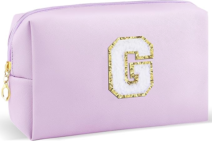 Gifts for Girls Initial Makeup Bag Personalized Cosmetic Bag with Zipper Cute Travel Toiletry Bag Waterproof PU Preppy Makeup Pouch Birthday Gift for Teen Girls Women(Purple G)