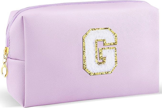Gifts for Girls Initial Makeup Bag Personalized Cosmetic Bag with Zipper Cute Travel Toiletry Bag Waterproof PU Preppy Makeup Pouch Birthday Gift for Teen Girls Women(Purple G)
