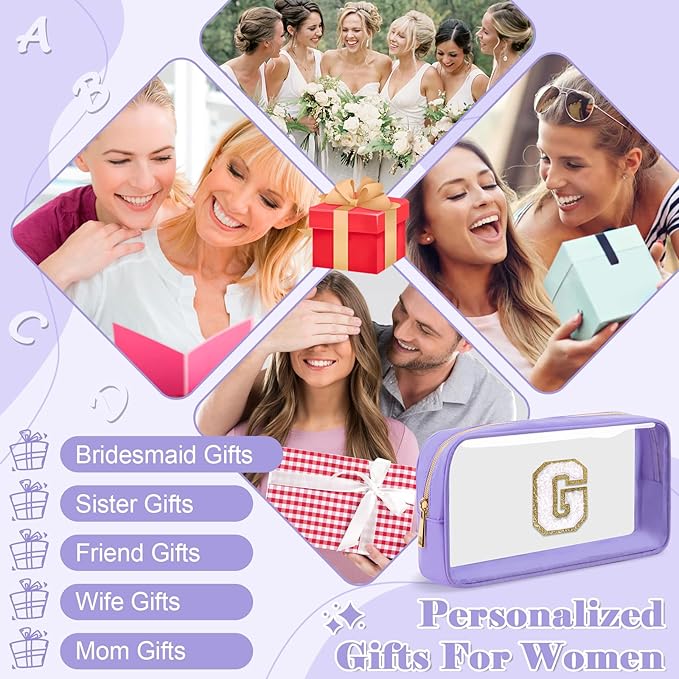 Personalized Initial Letter Clear Makeup Bag, Preppy Small Nylon & PVC Cosmetic Zipper Bag with Chenille Letter, Travel Skincare Toiletry Bag, Monogram Christmas Gift for Teen Girls Women, G