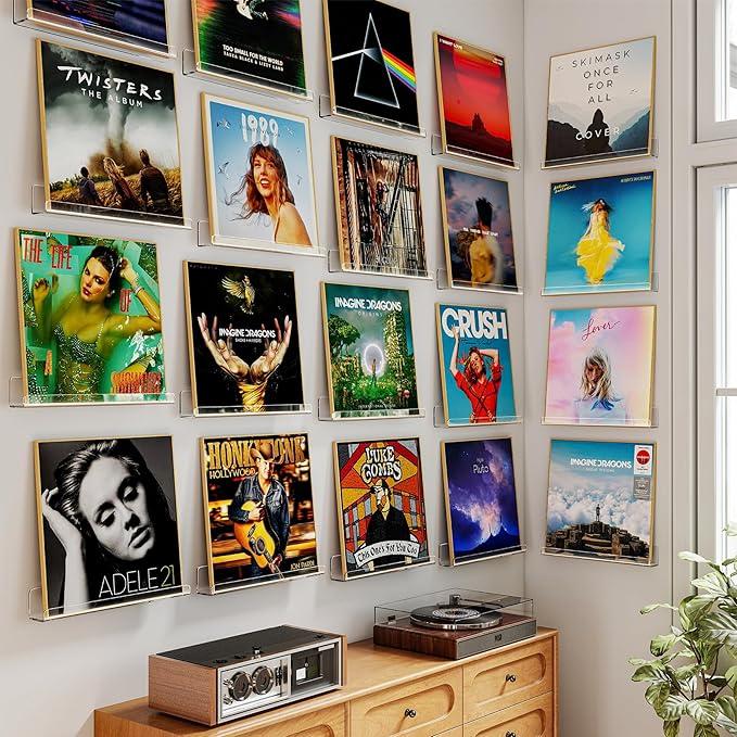 Laurensory 20 Pack Vinyl Record Shelf Wall Mount Shelves, 12 inch Clear Acrylic Vinyl Record Holder Display, Floating Shelves for Wall Decor, Magazine Rack, Kids Bookshelf, for Bedroom, Living Room