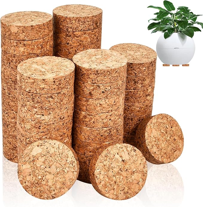Boocalny 50 Pcs Invisible Plant Pot Feet Risers with Non Slip Surface, 2“ Dia×0.6” Cork Plant Pot Feet Lifter for Outdoor Planters, Solid Corkwood Planter Feet for Indoor Plants Flower Pots