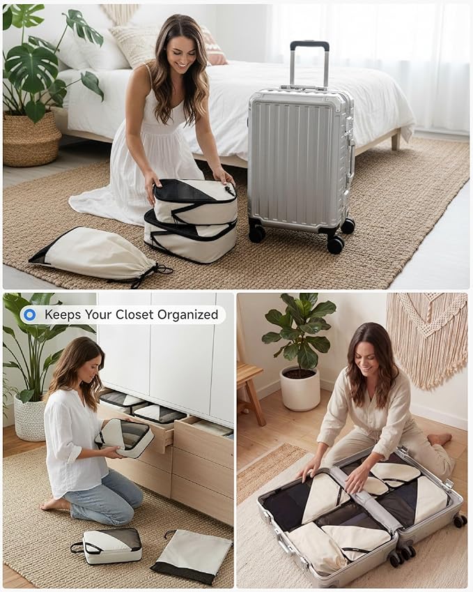LUGGEX 4 Set Compression Packing Cubes for Travel, POX01 Luggage Organizers Bags, Suitcase Organizer with Shoe Bag Travel Accessories Essentials for Carry on & Checked (POX-Core, Beige)
