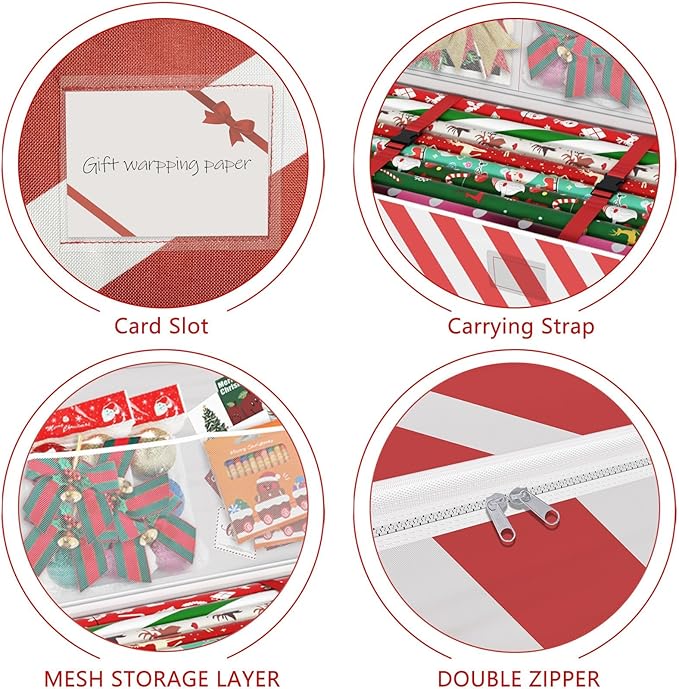 Safana Wrapping Paper Organizer Storage Bag, 42" Durable 600d Oxford Christmas Gift Wrapping Organizer Box Under Bed Storage Containers for Decorations Paper Rolls, Ribbons, Balls, Bows (Red Stripe)