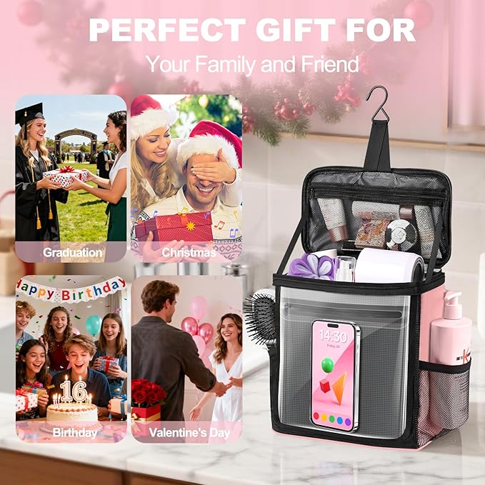 Portable Hanging Shower Caddy, Large Capacity Travel Toiletry Bag for Men & Women, Bath Organizer with Hook & Waterproof Phone Compartment, for Gym, Travel, Dorm, Picnic, Bathroom(Pink)