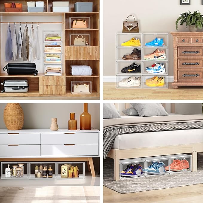 2 Pack Clear Shoe Storage Boxes Stackable Acrylic Shoe Display Case, Large Plastic Shoe Box Sneaker Organizer Purse Organizer with Magnetic Door, Size 12 or 13