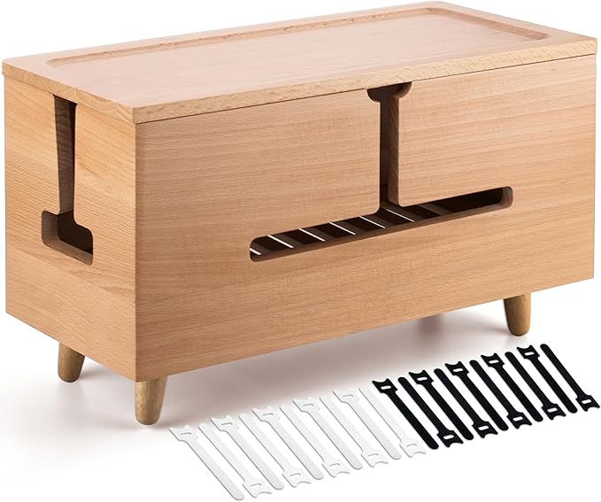 Large Cable Management Box - Organizer for Electrical Cords and Power Strips - Conceal Desk and Floor Cables - Storage Solution for Cord Hider and Organization (Natural Wood)