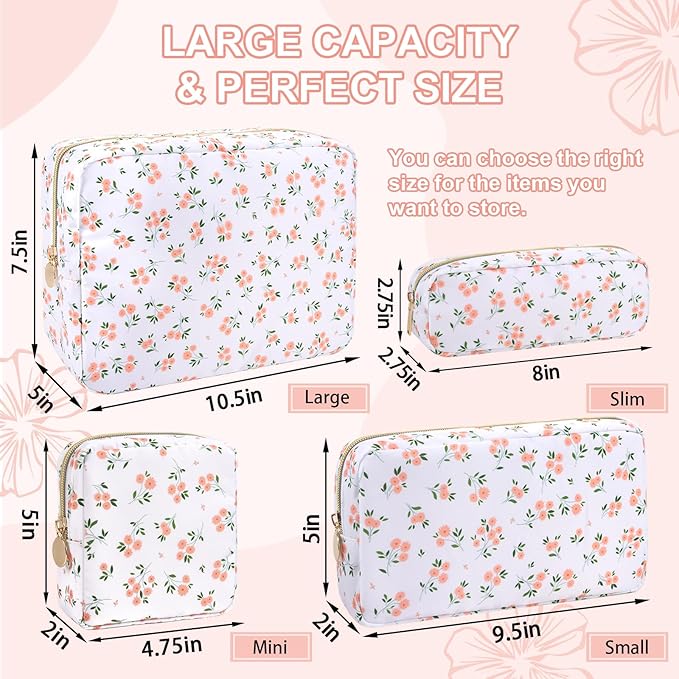 Waterproof Large Floral Makeup Pouch,Nylon Travel Toiletry Storage Purse Preppy Cosmetic Bag for Women Girl,Large Capacity Makeup Organizer Zipper Pouch for Work(L White-Flowers)