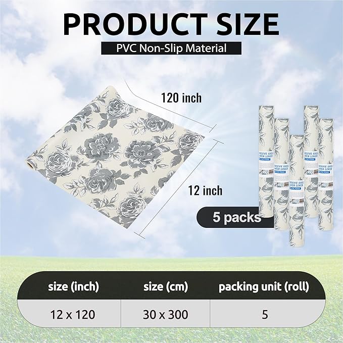 12X120 Inch Shelf Liner for Kitchen Cabinets, PVC Drawer Liner for Dresser Non-Slip Bathroom, Non-Adhesive Cabinet Liner Washable (Black Flower)(5 Roll)