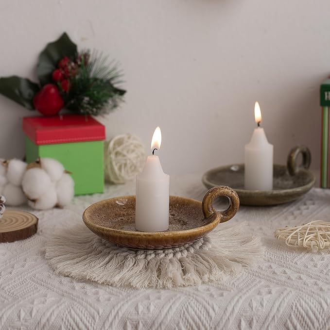 1pack Vintage Ceramic Candle Holders with Handle, Round Farmhouse Ceramic Plate Tray,Sage Holder for Burning,Incense Holder for Meditation Room Home Decor (Khaki)