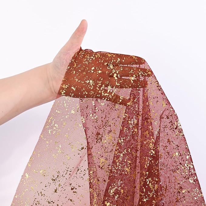 Horaldaily Burgundy Gold Gauze Tablecloth 60x60 Inch Square, Golden Sequin Glitter Metallic Foil, Sheer Tulle Cheesecloth for Wedding Baby Shower Ceremony Birthday