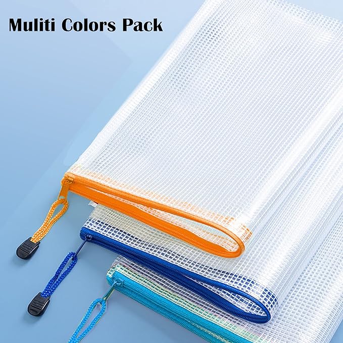 TRANBO 10pcs A5 Mesh Zipper Pouch with Lebal Pocket, Plastic Puzzle Bag for Organization, Clear Travel Pouches File Bag for Office Supplies
