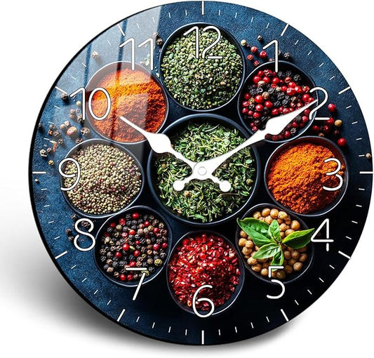 14'' Spice Wall Clock for Kitchen, Vintage Analog Wall Clocks Battery Operated, Wooden Silent Wall-Clock Non Ticking Decorative for Bedroom Living Room & Dining Area Wall Décor