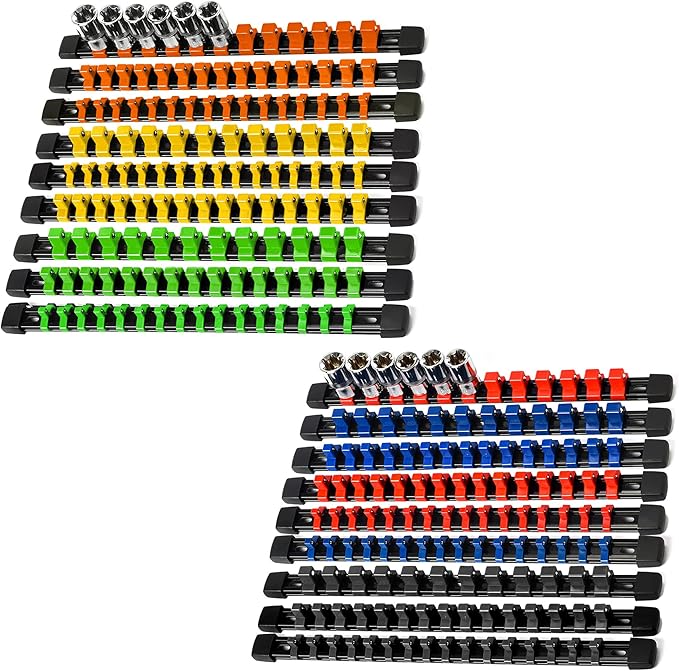 18-Piece Socket Organizer Set - 1/4-Inch x 96 Clips, 3/8-Inch x 90 Clips, 1/2-Inch x 72 Clips, Heavy Duty ABS Socket Holder, Premium Quality Socket Clip Rail Holder for Tool Box Drawer