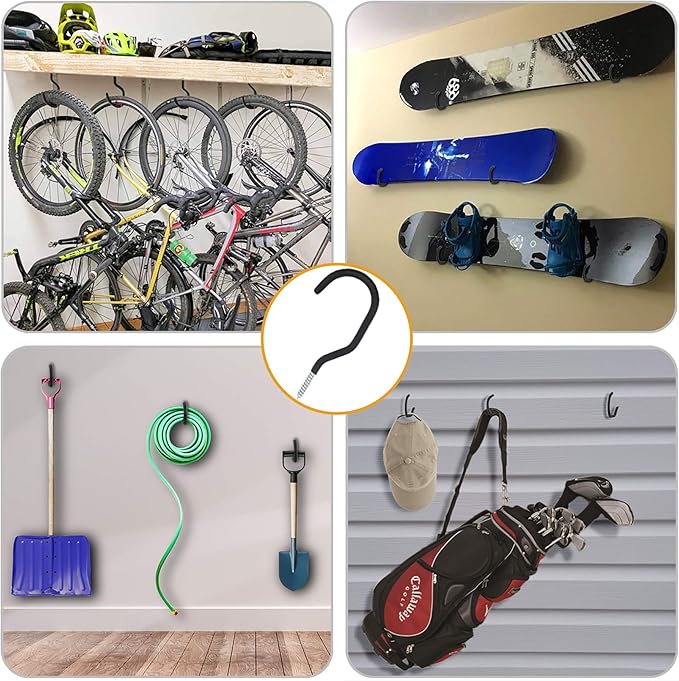 KURUI Heavy Duty Screw in Hooks for Hanging, 12 Pack Bike Hooks for Garage Wall with Screw Anchors, Wall Mount Bicycle Storage for Ceiling, Large Black Plant Hooks for Ceiling