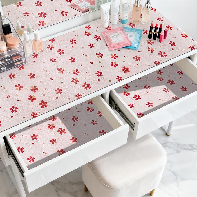 FIFTY FEET 18"x96" Non-Adhesive Shelf Liner for Kitchen Cabinets and Drawers, Washable Non-Slip PVC Cabinet Liner (Red Floral)(10 Roll)