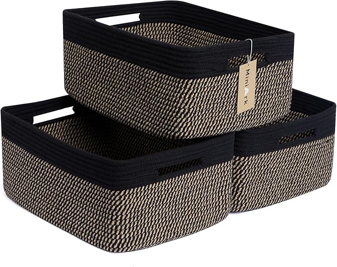 MiniArk Large Storage Baskets for Shelves, Closet Organizer Bins for Clothes, Blanket, Towels, Baby Nursery, Toy Box, Woven Rope Baskets, 17 x 13 x 7.5”, 3 Packs, Woven Brown