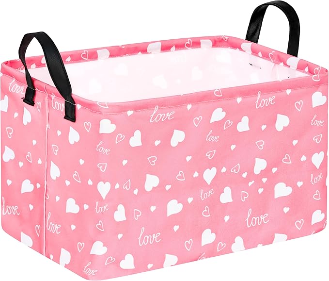 KUNRO Rectang Heart Pattern Vantine's Storage Basket Gift Shelf Basket Storage Bin, Nursery Basket Organizer Box for With Handles for Room Deco