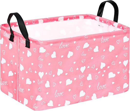 KUNRO Rectang Heart Pattern Vantine's Storage Basket Gift Shelf Basket Storage Bin, Nursery Basket Organizer Box for With Handles for Room Deco